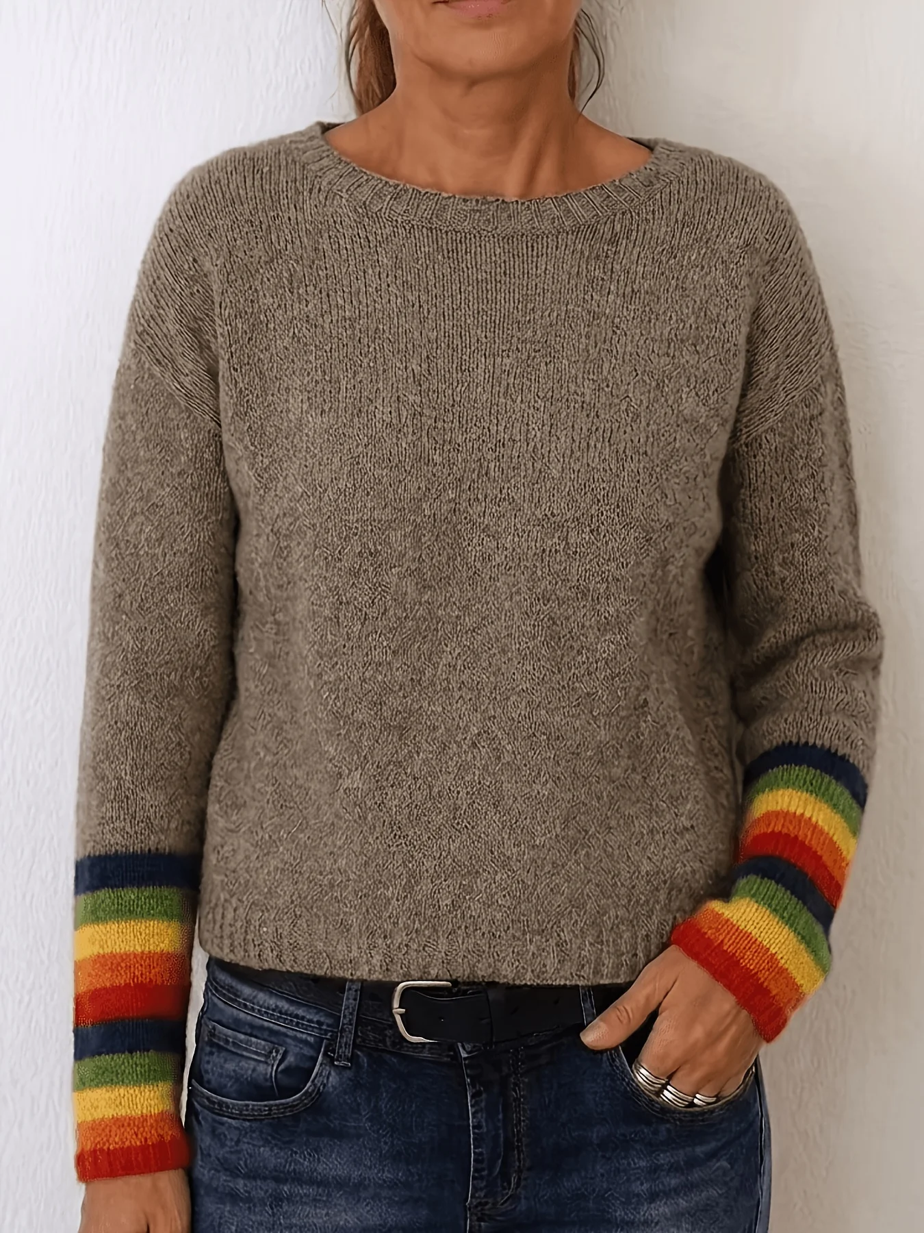 

Women's Autumn Winter Color Block Striped Sleeve Crew Neck Knitted Sweater, Solid Color Long Sleeve Casual Pullover Fashion Top