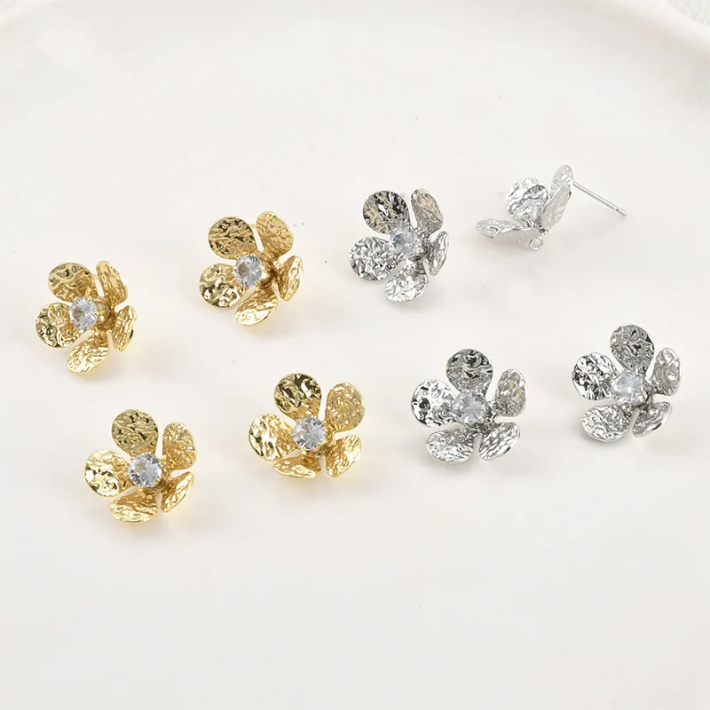 Copper-plated 14k Gold Color Tin Foil Texture Zircon Flower Stud Earrings Pendant DIY Handmade Earrings Necklace Pendant