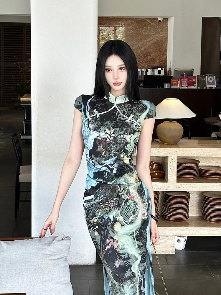 

Artistic Smear Print Improved Dress Short Sleeve Women's Summer Bodycon Fish Tail Long Skirt Vintage Style High Slit