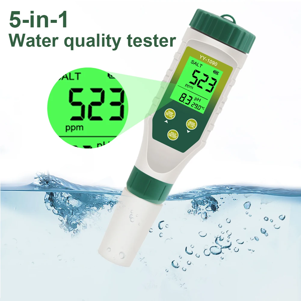 

5-in-1 LCD Water Test Pen PH/TDS/SALT/EC/TEMP High Precision Probe Pool PH Diet Tester for Koi Ponds, Fish Tanks, Food Salinity