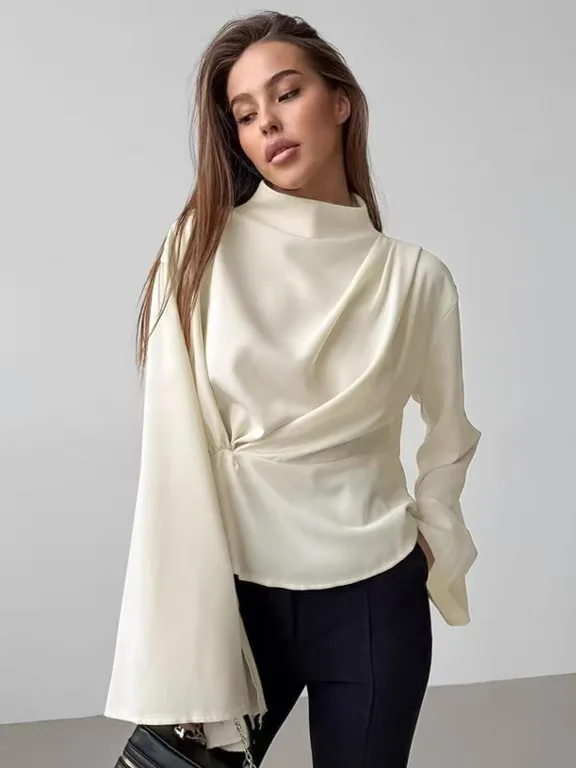 เสื้อเชิ้ตผู้หญิงทรงหลวม แขนยาว คอตั้งพับได้ ทรงบาน สไตล์ลำลอง สีพื้น เหมาะสำหรับใส่ทำงานในออฟฟิศ