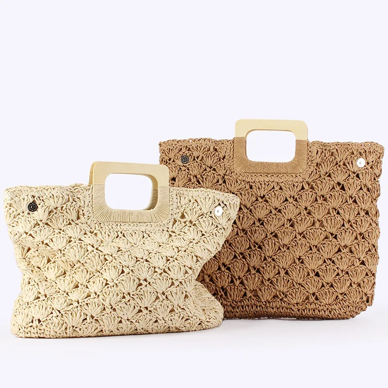 

Полые сумки на молнии, тканые однотонные дорожные сумки большой вместимости, кошелек-клатч, летняя пляжная соломенная сумка с деревянной ручкой