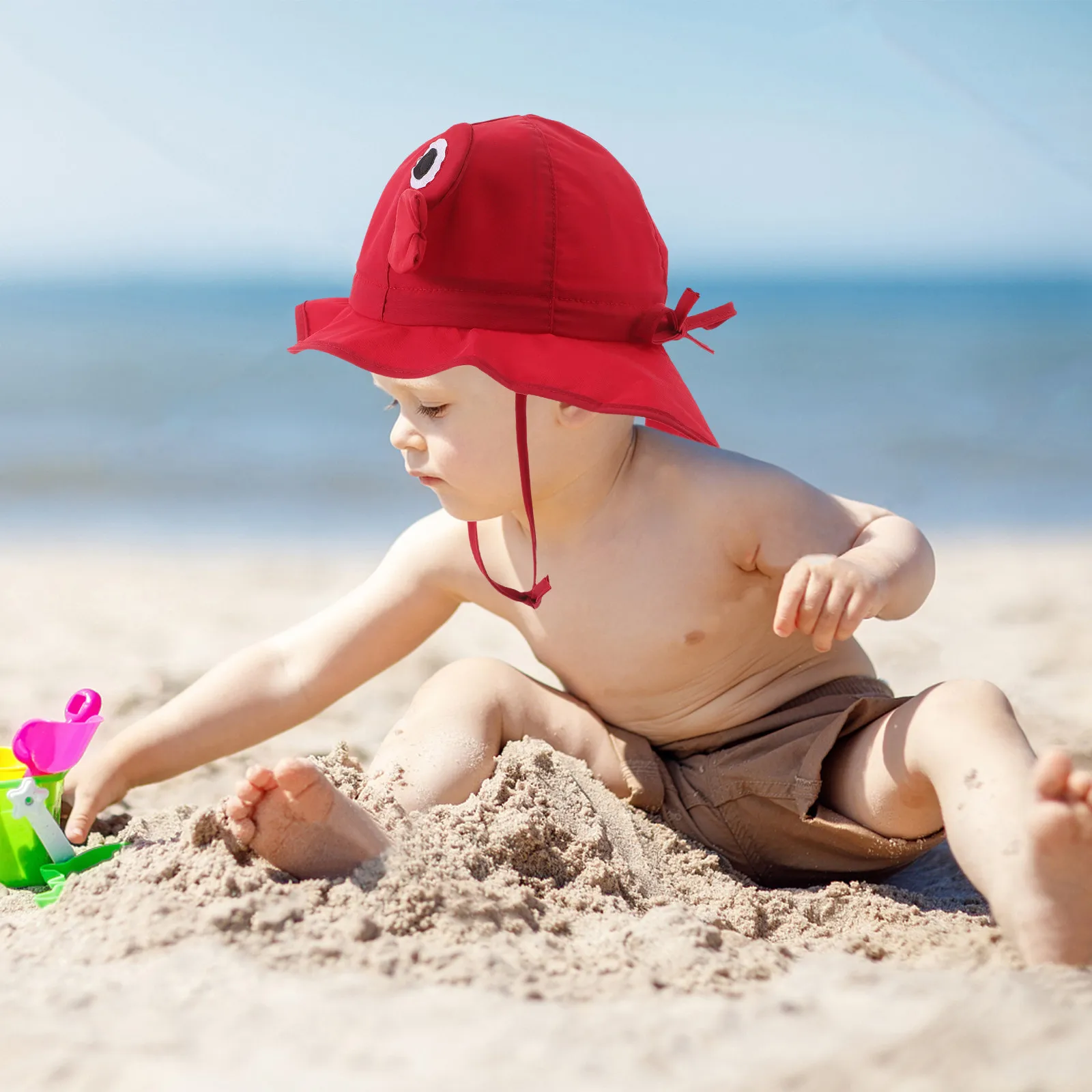 Kids Wide Brim Summer Sun Hat Neck Flap Cartoon Crab Quick Dry Uv Protection Bucket Hat Outdoor Beach Toddler Boys Girls 52cm