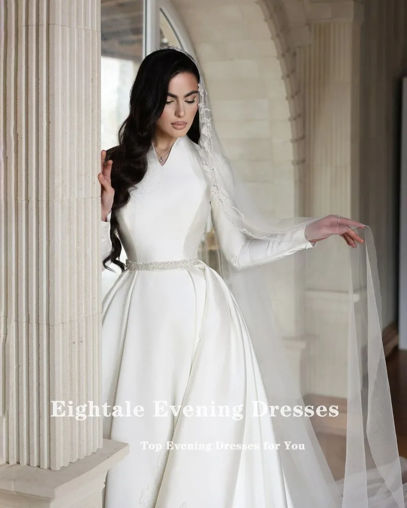 Eightale Abito da sposa arabo Personalizzato Bianco Avorio Scollo a V Perline Maniche lunghe Pizzo Abito da sposa in raso musulmano Robe De Mariée