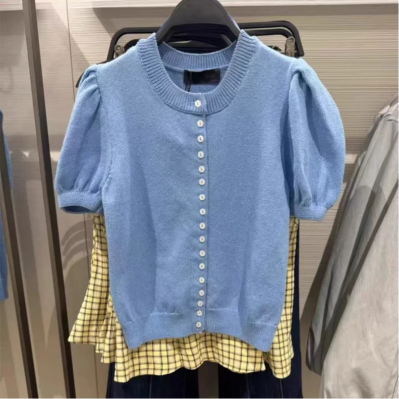 

Spring Summer 2026 Luxury Style Sweet Fashion round Neck Bubble Short Sleeve Knitted Open Cardigan Short Jacket Women's Wear