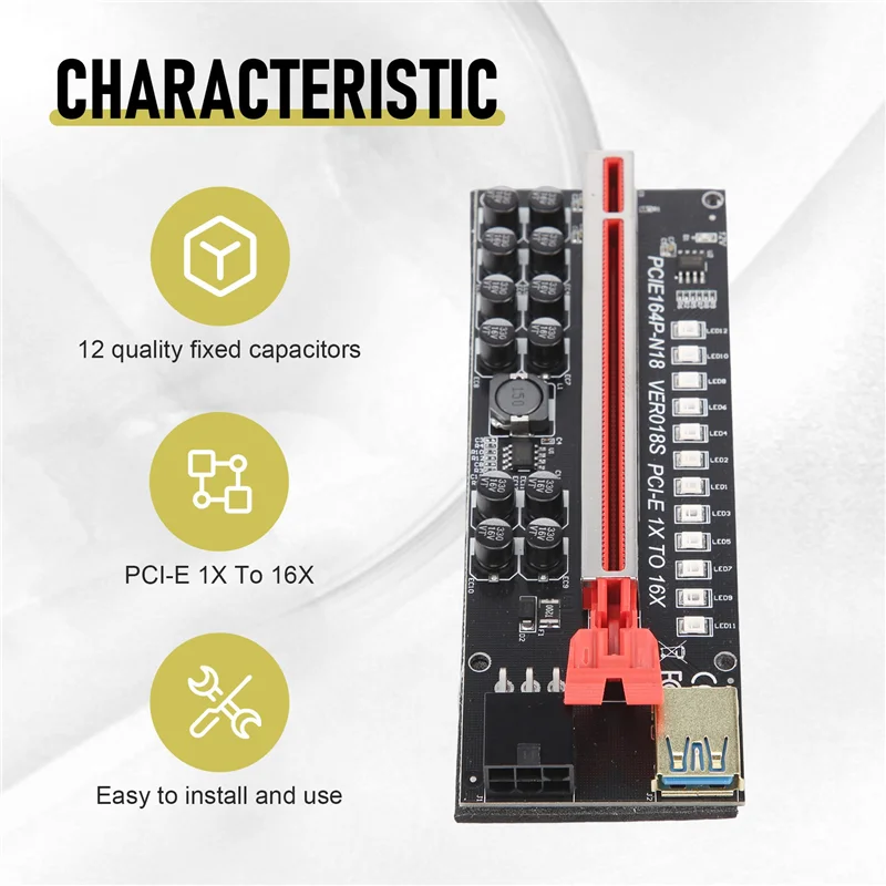 

VER018S Miner Card PCI-E 1X to 16X USB3.0 6PIN GPU Riser Card с 12 конденсаторами и светодиодной подсветкой для BTC Miner