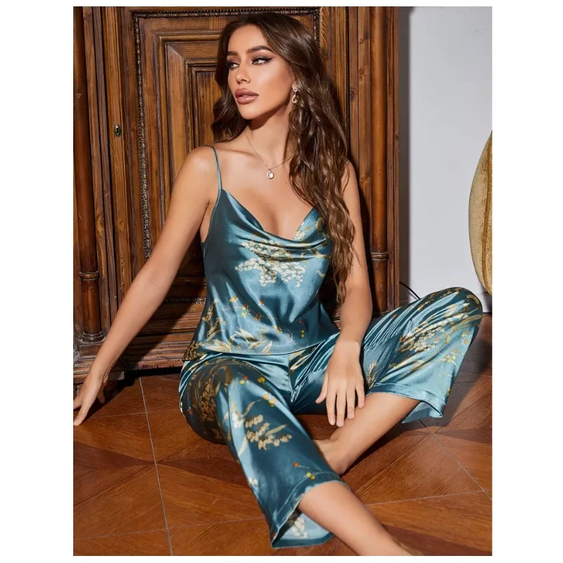 

Print Silk Sleepwear Women Sexy Sleepwear Sleeveless Tops Pant Two Piece Suit Loungewear Pajama Sets Summer Luxury Brand Clothes