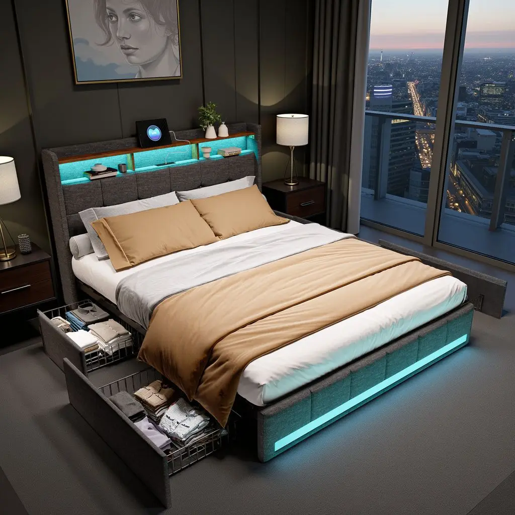 سرير مزدوج مدفوع، 140 × 200 سم، مع 4 أدراج تخزين، إضاءة LED ومنفذ USB، رمادي حديث بسيط، هيكل سرير