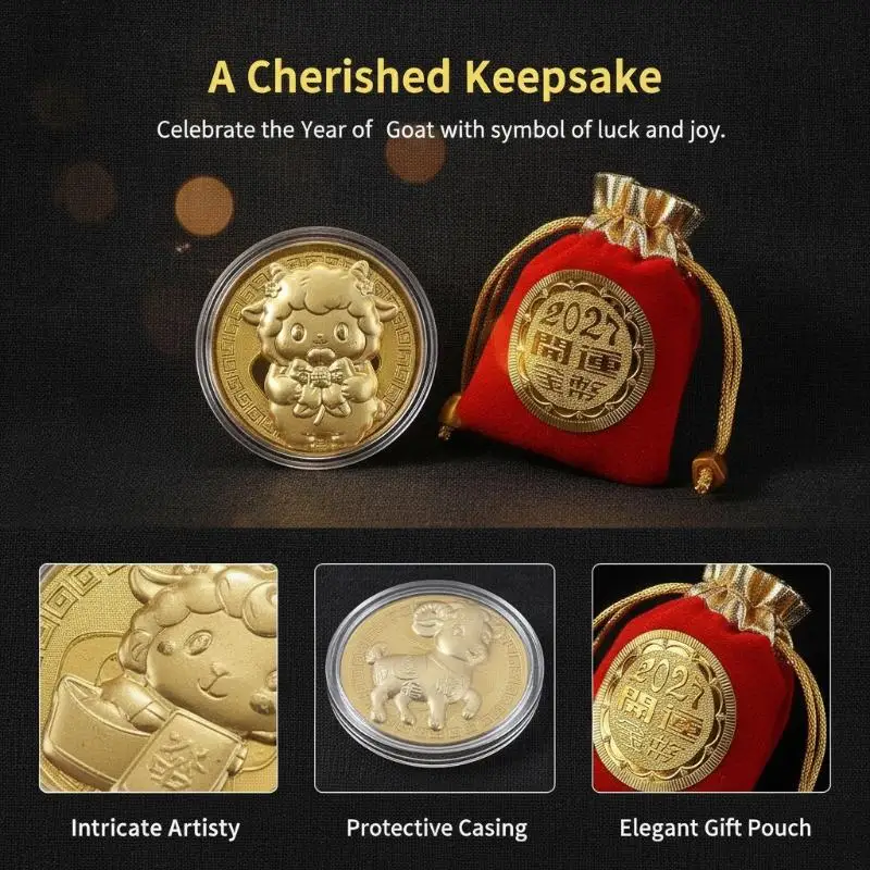 Year Of The Goat Commemorative Medal 2027 Zodiac Sheep Imitation Gold Foil Souvenir Coin New Year Gift