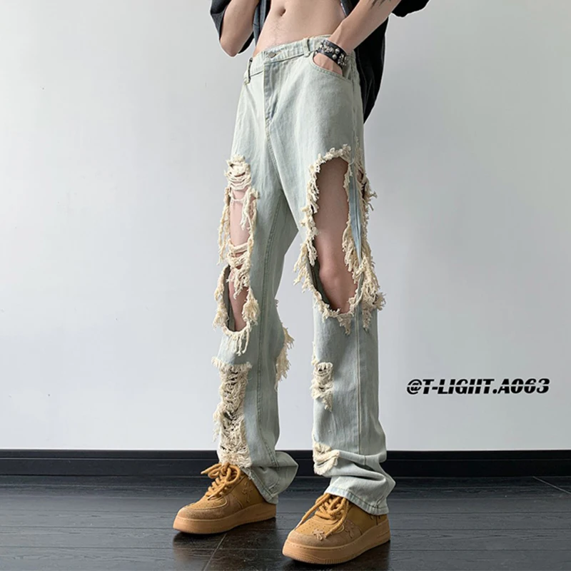

American High Street Vibe Men's Summer Thin Straight Leg Jeans Knee-Breaking Hole Yellow Mud Color Poor Style Jeans