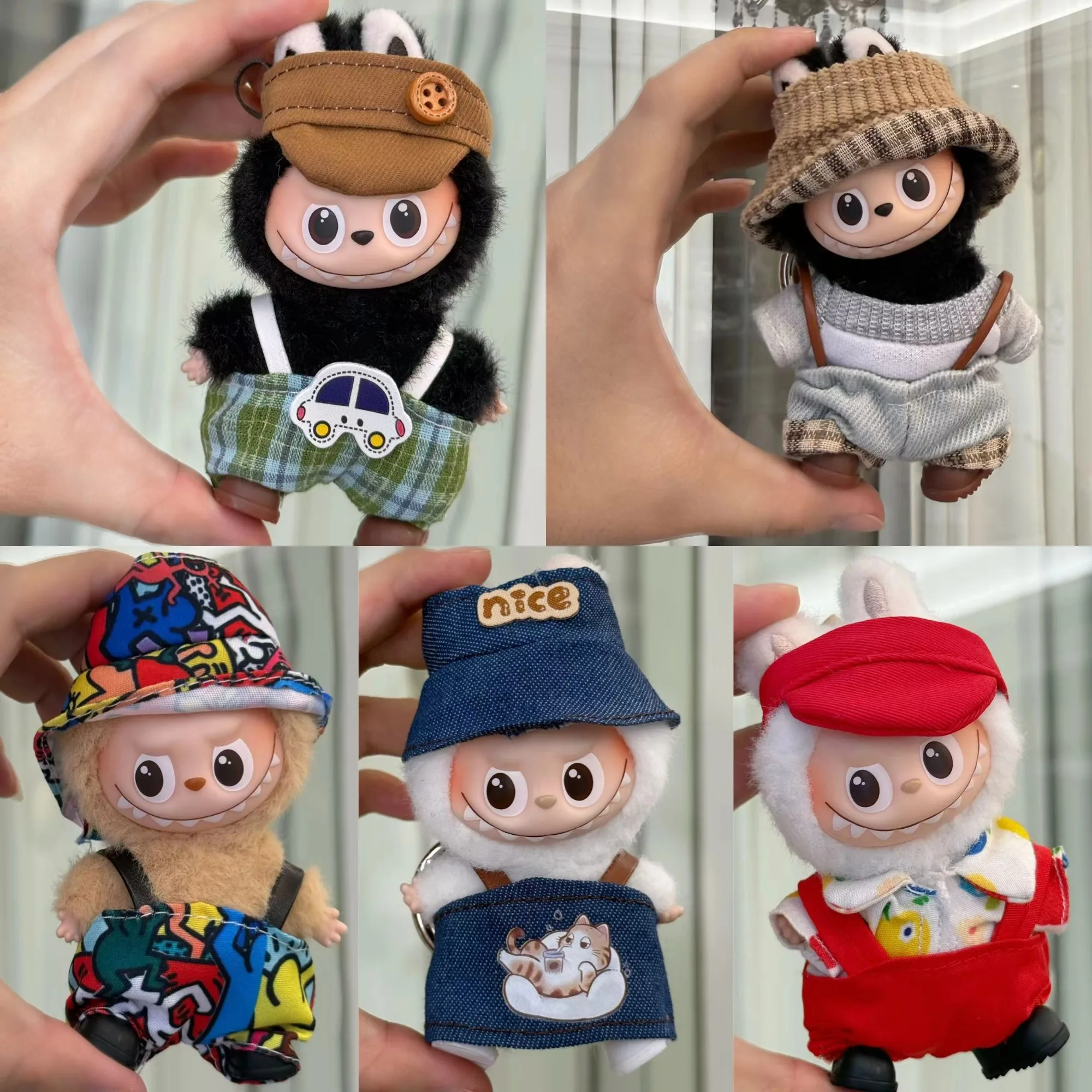 

For 10cm 4th Gen Mini Labubu Overalls & Bucket Hat Outfit Set, Cute Denim Suspender with Matching Cap for Keychain Vinyl Doll
