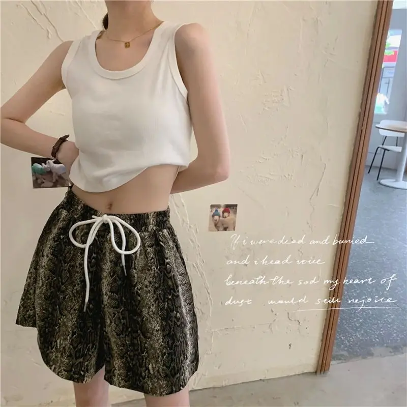 Snakeskin Pattern Shorts Elastic Waist For Women Summer New High Waist Leg Loose Pants Fashion Streetwear Female