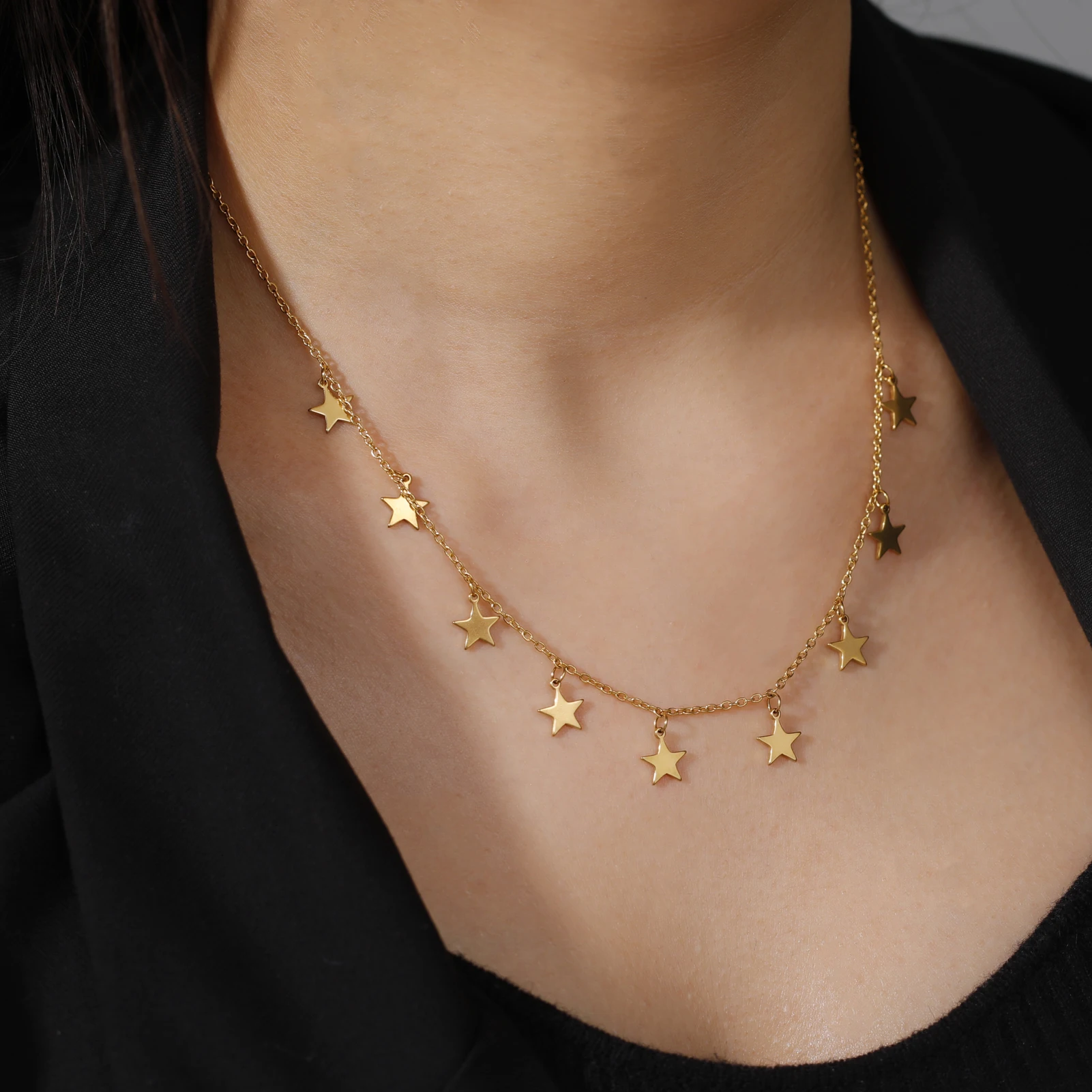 KKjoy Stern-Anhänger-Halskette für Damen, silberfarben, Edelstahlperlen, Doppelketten-Halsbänder, minimalistischer Schmuck, Accessoires, neu – Detail 13