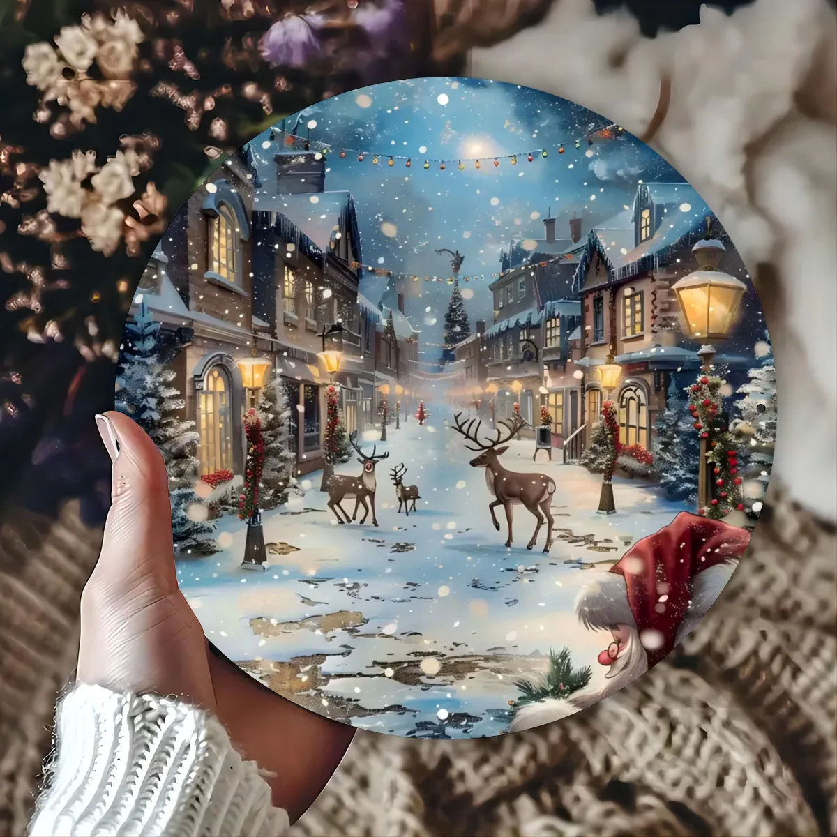 علامة معدنية لعيد الميلاد مقاس 8 × 8 بوصات - مشهد شارع سانتا والرنة، ديكور حائط حديدي مستدير للمنزل، البار، المرآب، النادي، المطعم، #1