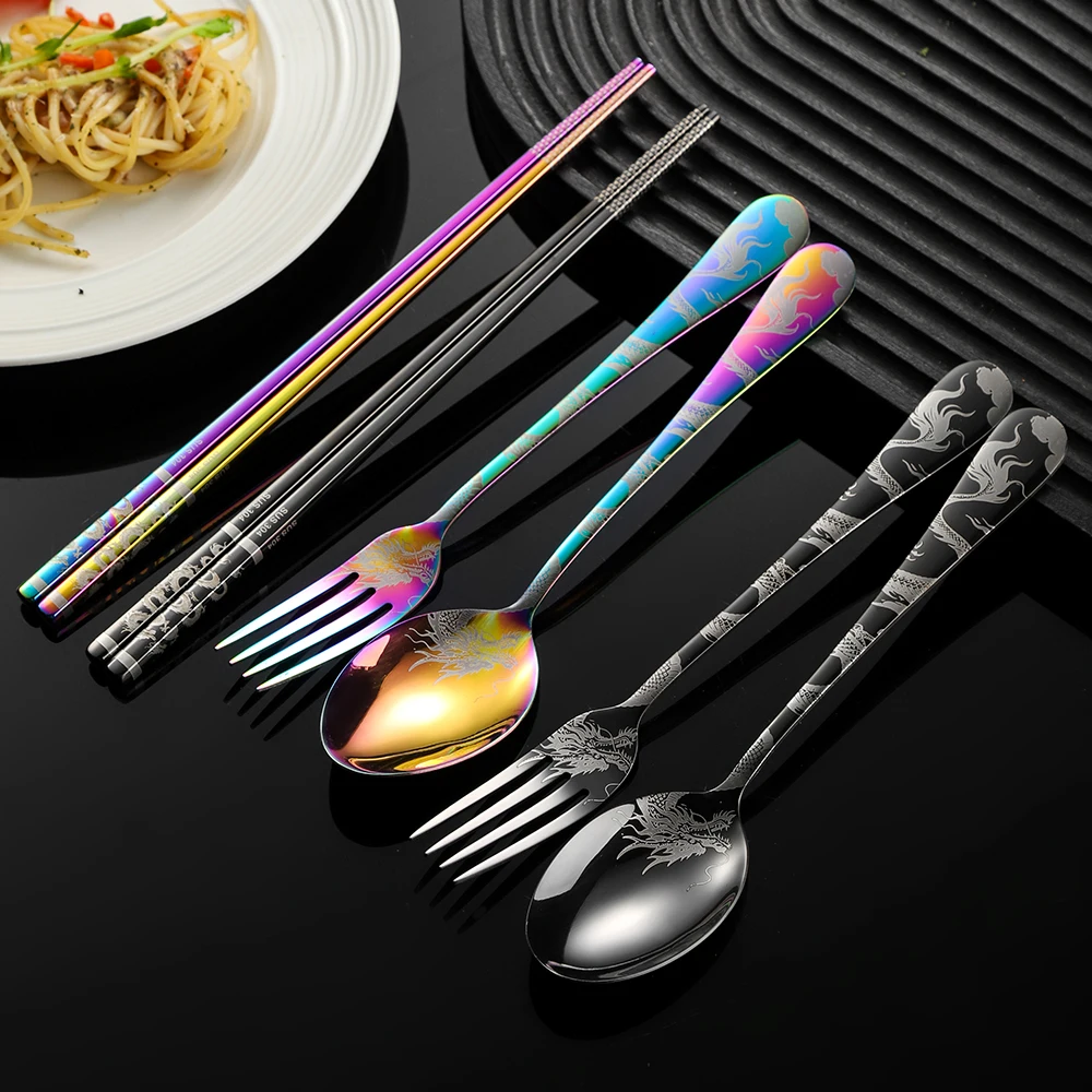 Portable Non-slip Stainless Steel Utensil Set Laser Dragon Design Chopsticks Fork Spoon for Camping Home Gift