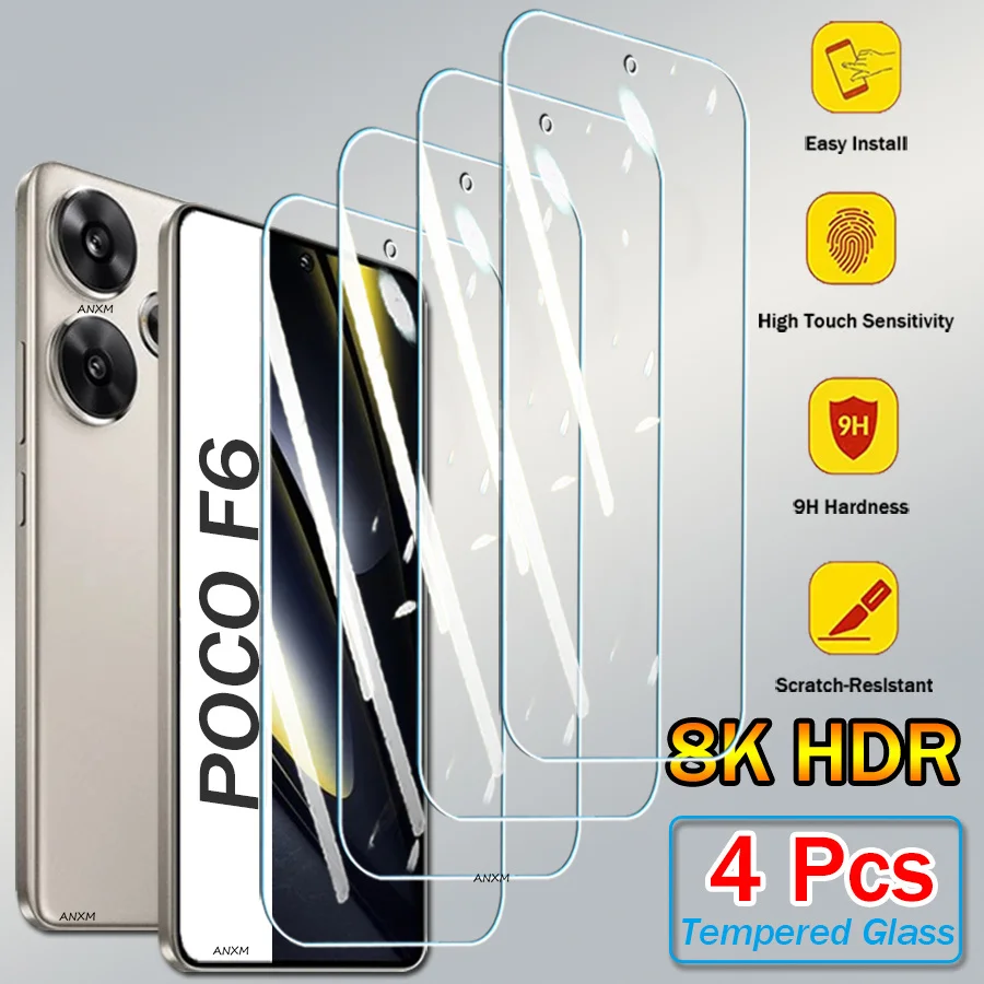 4Pcs Tempered Glass For Xiaomi POCO F6 X6 F5 X5 Pro X4 F4 F3 GT X3 NFC M6 Pro M5 M5S C65 C61 Screen Protector Cover Glass Film