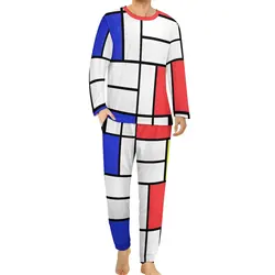 Мужские пижамы Mondrian с клетчатым принтом, крутая ночная рубашка, осенний повседневный пижамный комплект из двух предметов с длинными рукавами и принтом, большой размер 4XL 5XL