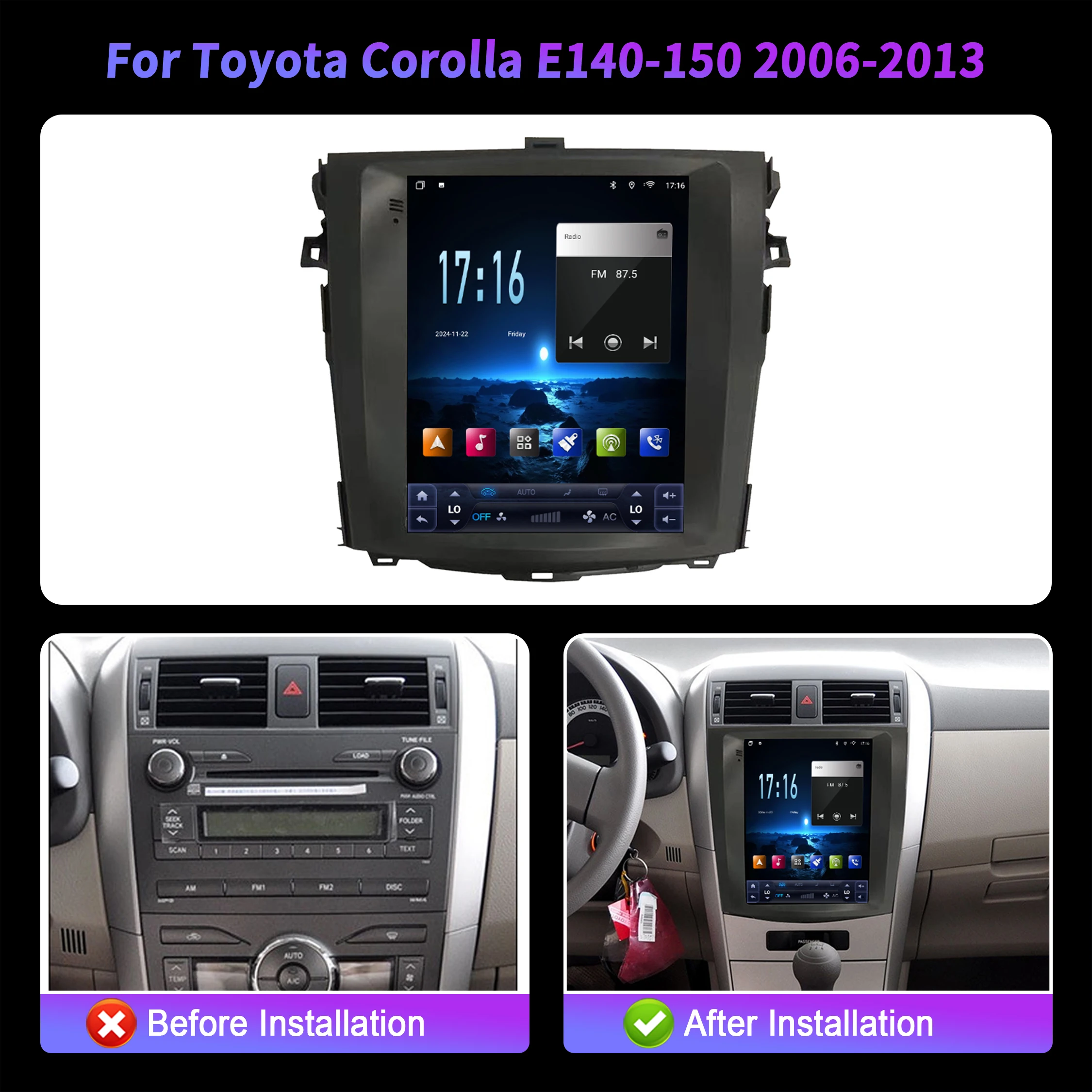 9.7inch Car Radio Multimedia For Toyota Corolla E140-150 2006-2013 Android 14 Wireless BT Carplay QLED Screen