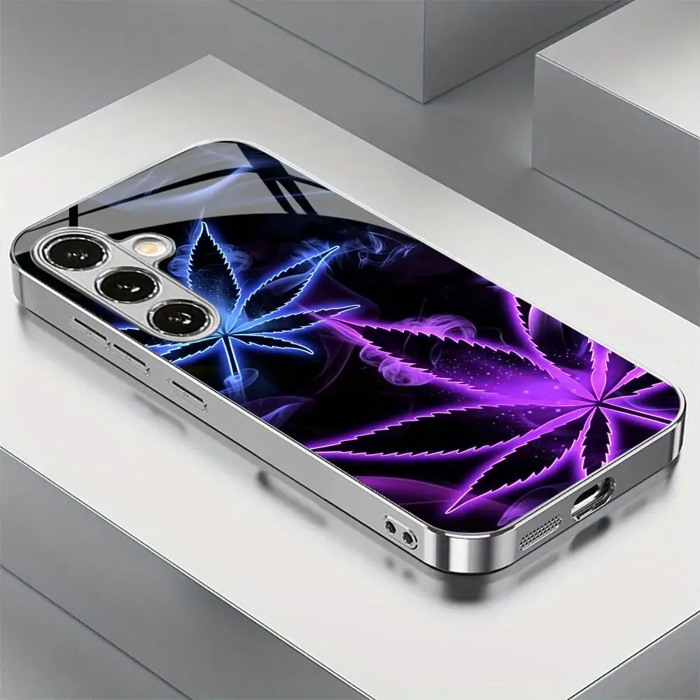 Cannabis Marijuana Silver Electroplated Glass Phone Case For Samsung Galaxy S24 Ultra S23 S22 Anti‑Fingerprint Protective Shell