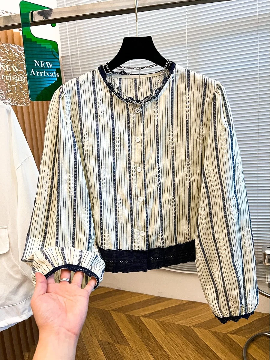 

Fre Early Autumn ort Lace Trim Long Sve Women's irt Korean Sle Cotton Comfortable Breathable Loose Fit Daily Wear