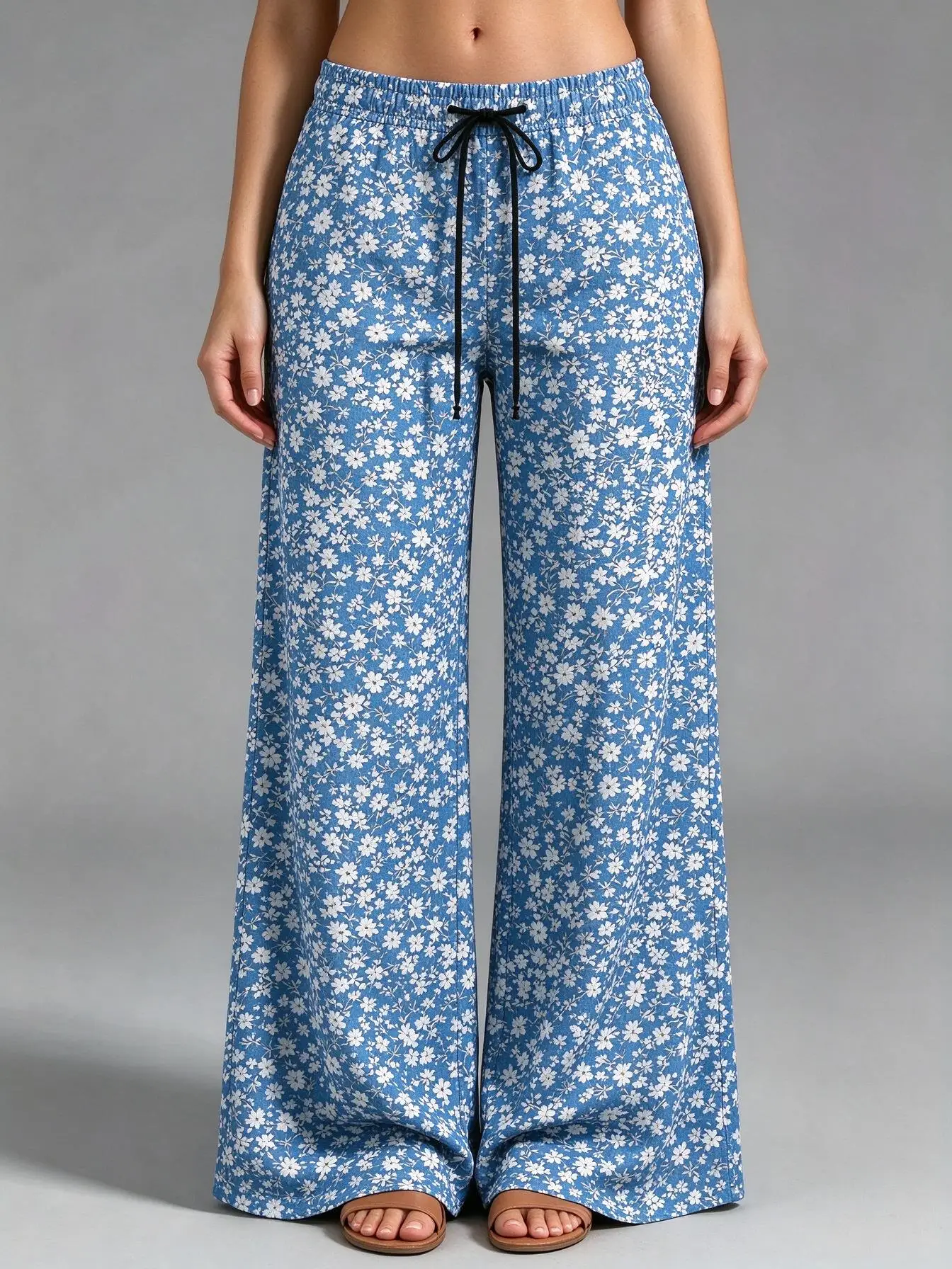 Ladies Low Rise Wide Leg Trousers Boho Tiny Floral Print Soft Fabric Loose Vacation Pants