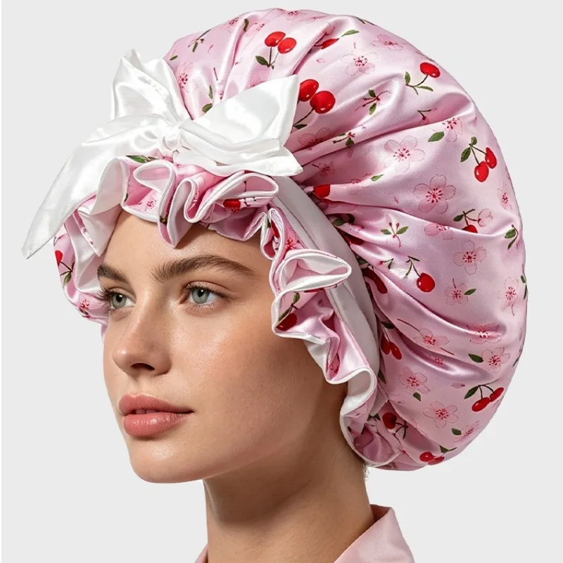 Plaid satin double-layer nightcap women hair care anti-frizz beauty cap loose and non-retracting large size fungus edge home hat