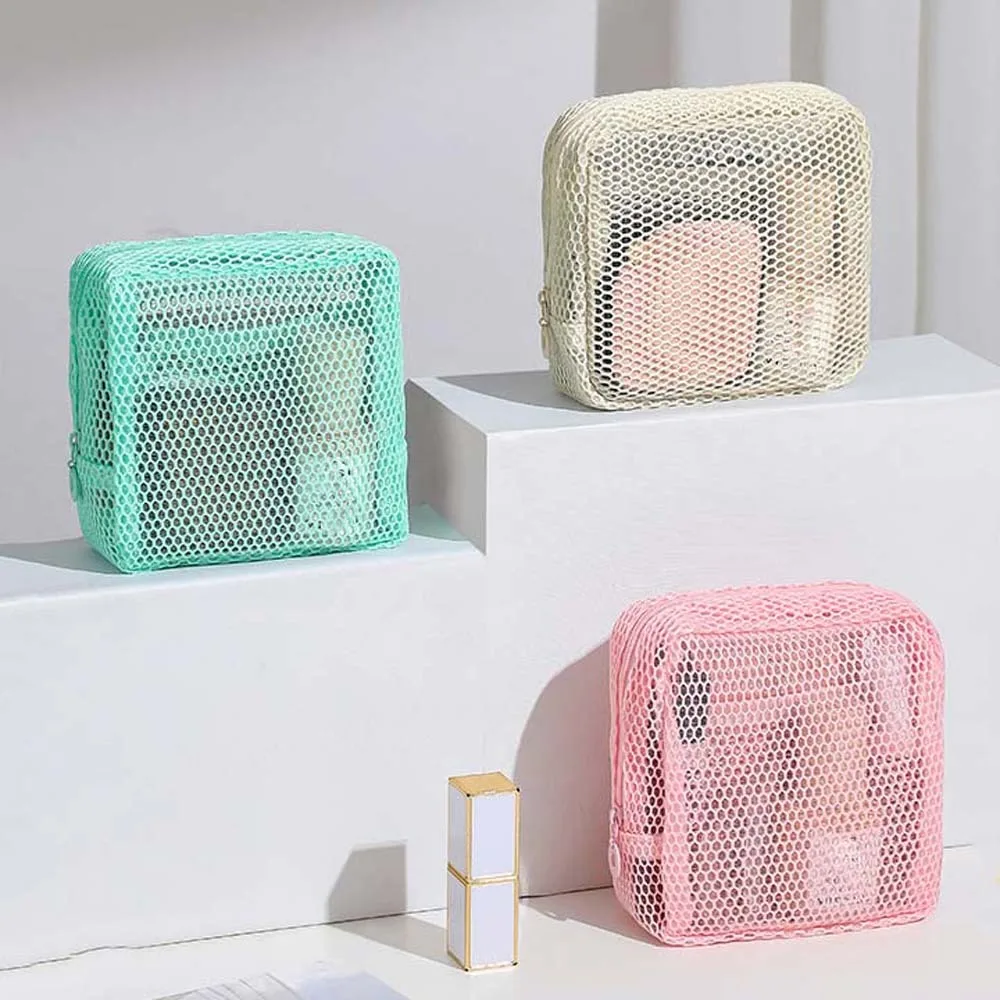 

2pcs/set Breathable Mesh Lipstick Bag Hollow Out Fluorescence Color Grid Cosmetic Pocket Durable Polyester Dopamine Pouch Beach