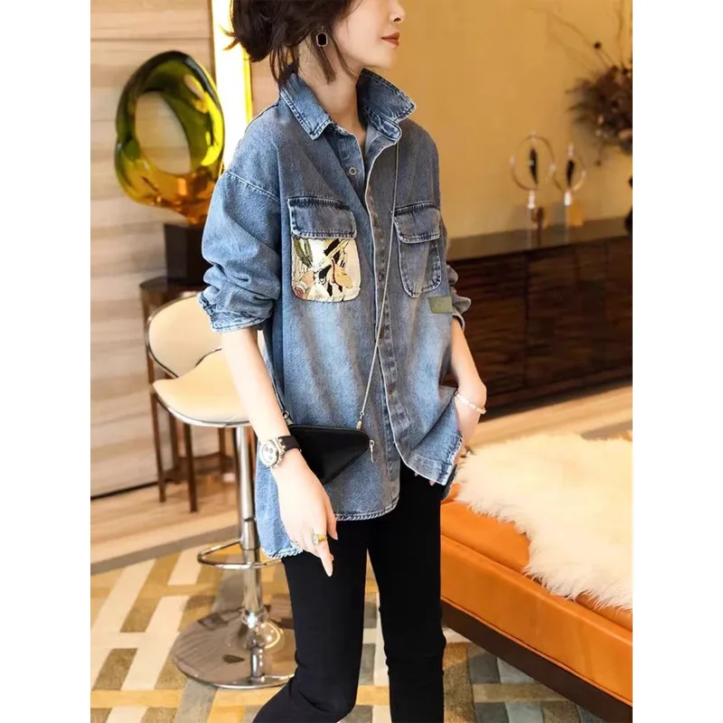 

Retro Hong Kong Style Denim Shirt, European Loose Fitting and Fashionable Korean Version Shirt, Women's Spring 2024