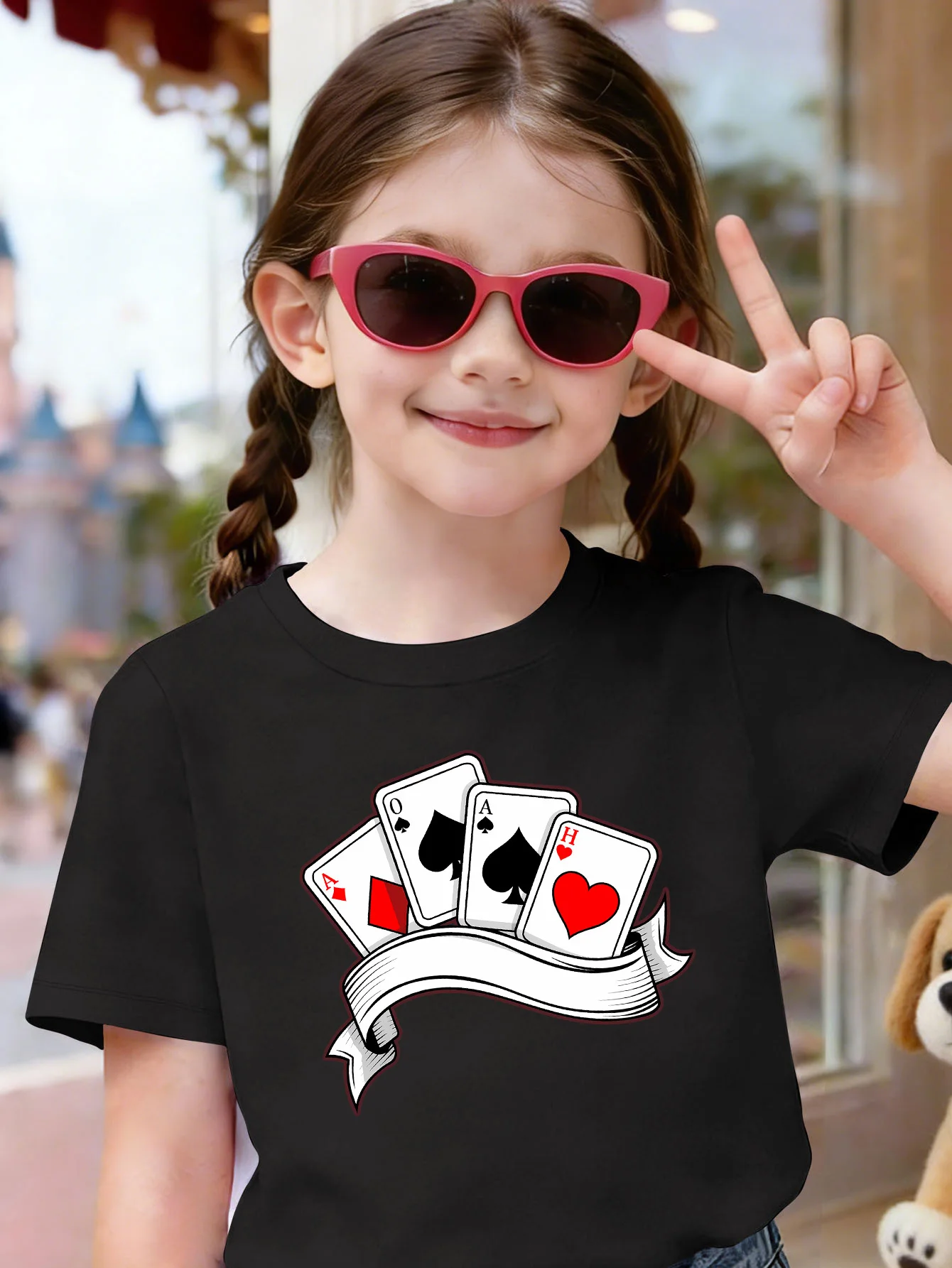Playing Cards Ribbon Fashion Pattern Kids T Shirt Boys Girls Short Sleeve Crew Neck Cotton Parent Matching Tops Toddler Youth
