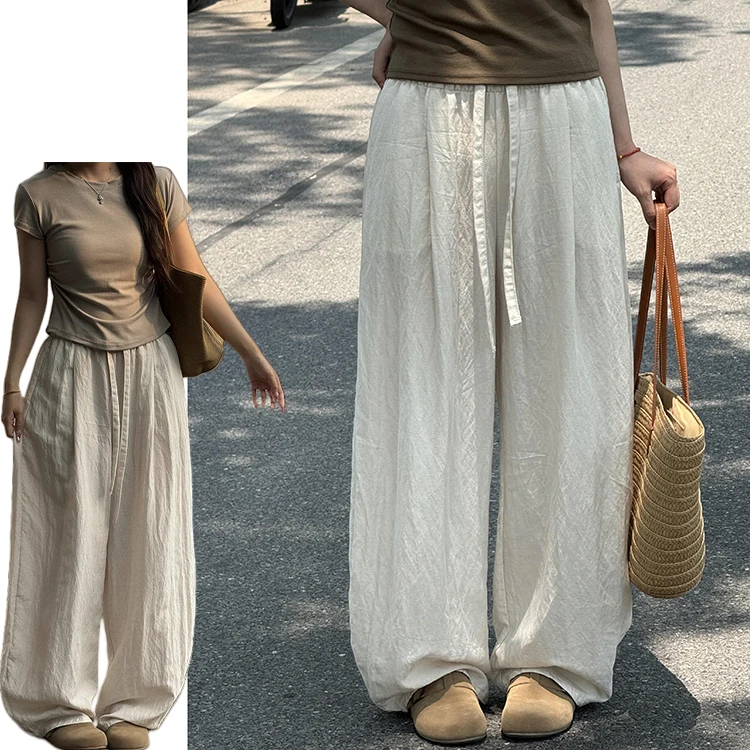 Koreańskie spodnie damskie z prostym, elastycznym pasem, sznurkiem, krojem typu knife, na lato 2025, nowe, przewiewne, przyjazne dla skóry, z bawełny i lnu, do ziemi...