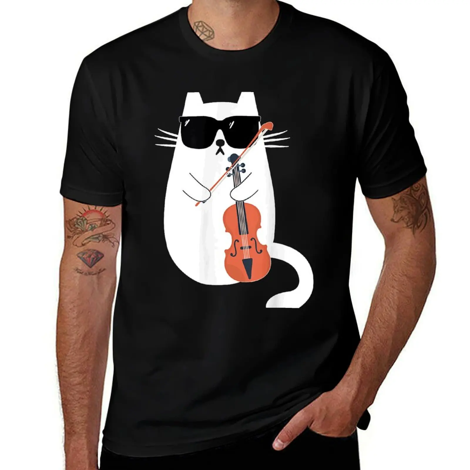 Funny Cat Wearing Sunglasses Playing Violin Viola Musician T-Shirt man t shirt luxury T-Shirt