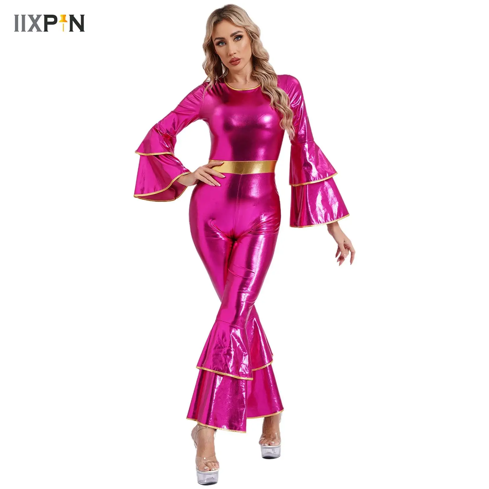 

Womens 70's Disco Dance Jumpsuit Wet Look Metallic Tiered Flare Sleeve Bell Bottom Romper Vintage Hippie Costume Jazz Dancewear