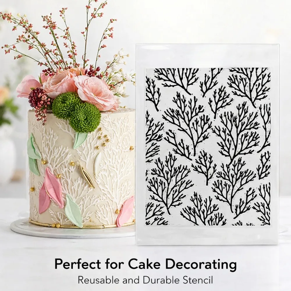 3Pcs Iris & Leaf Branch Cake Stencil, Food Grade PET Template, Fondant Texture Tool for Wedding & Birthday Cake Decoration
