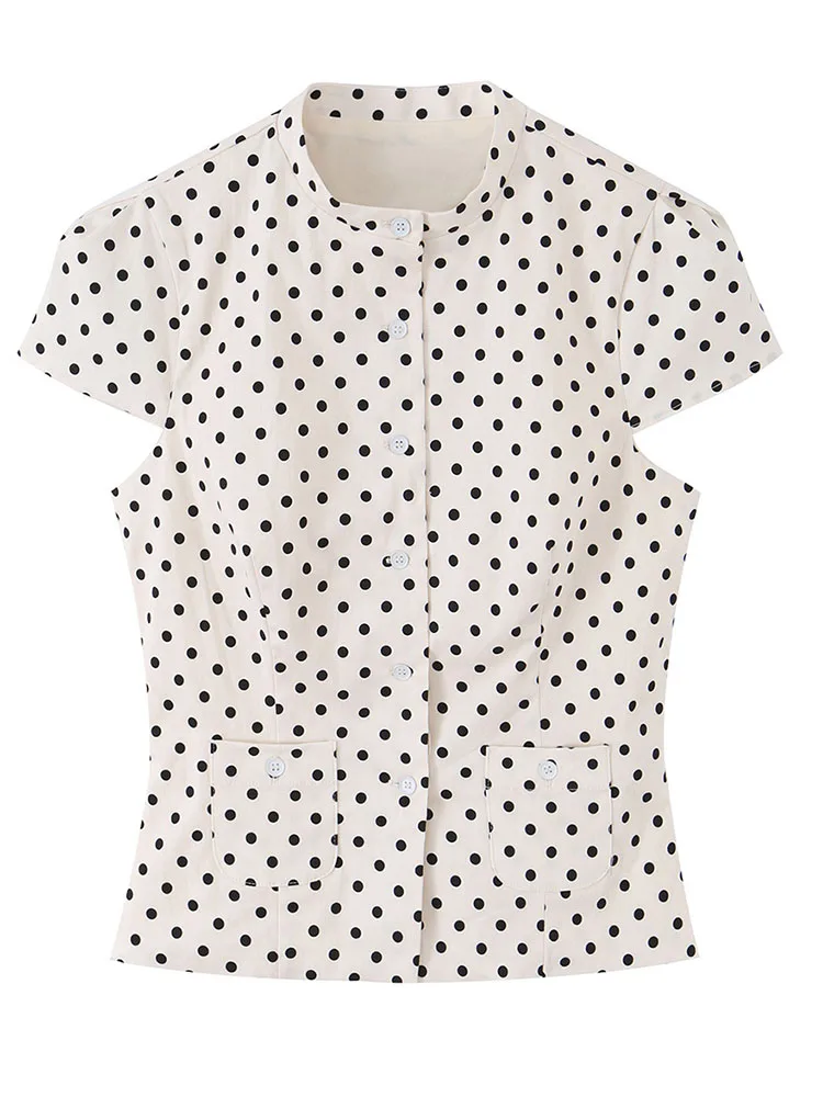HH Women Summer Spring Old Money Preppy Polka Dot Stand Collar Blouse Spring Short Sleeve Button Front Pocket Lightweight Top