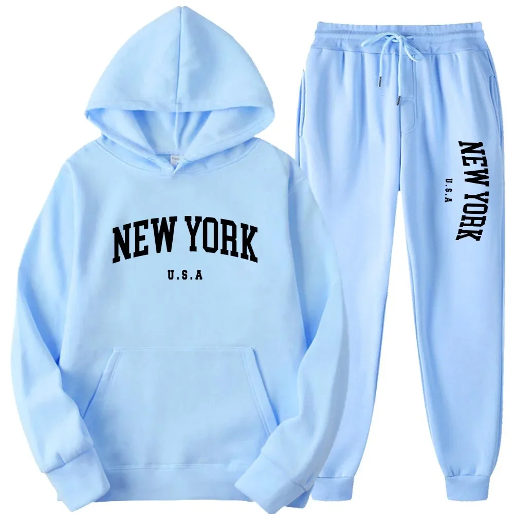 Men Women New York U.S.A City Hoodies Sets Fashion Letter Printed Graphic Sweatshirts Loose Casual Harajuku Hooded+Pants Pullove