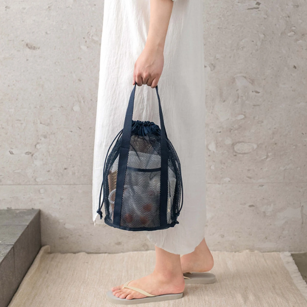 Netz-Strandtasche Strand-Tragetasche mit Kordelzug Faltbare Strandspielzeugtasche mit 2 Vordertaschen Schwimmbad-Netztaschen mit Kordelzug – Detail 8