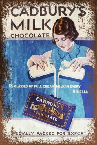 Cartel de metal de estilo retro con apariencia vintage para publicidad de leche láctea de Cadbury, barra de chocolate