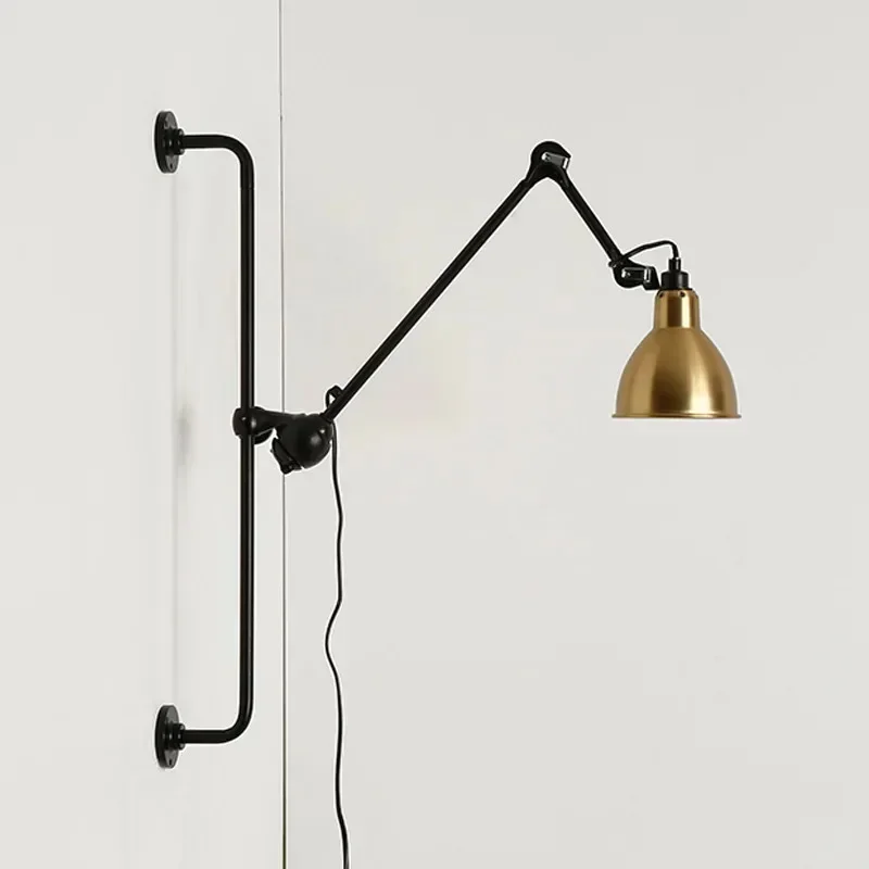 Retro Led E14 Wall Lamp with Plug Switch Long Arm Black Gold Chrome Yellow Lampshade Rotatable Adjustable Lighting Fixtures