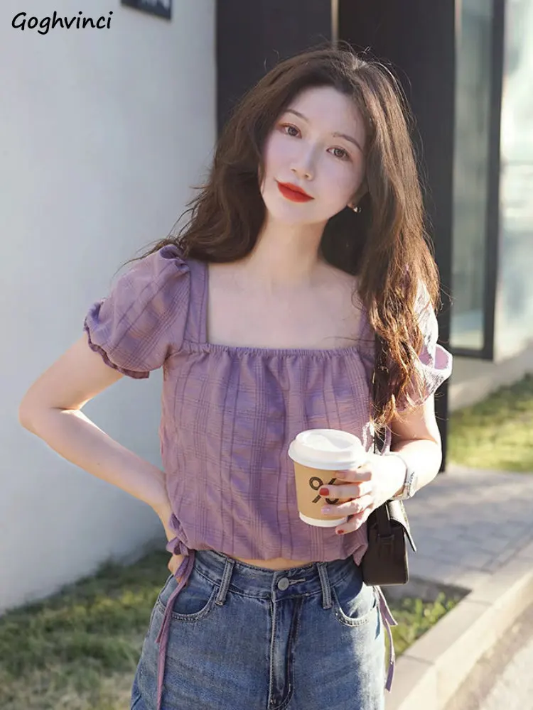 Purple Sweet Blouses Women Gentle Vintage Puff Sleeve Summer Temper Square Collar Aesthetic Lace-up Designed Crop Tops Popular