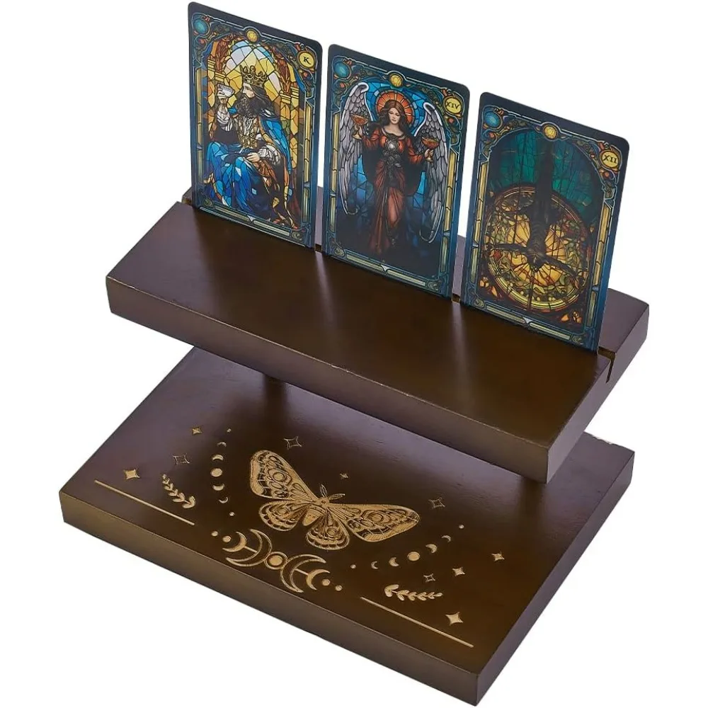 Tarot-Kartenhalter aus Holz, 7,9 x 5,5 x 4,1 Zoll, Mondphase, Tarot-Karten-Aufbewahrungsständer, Kokosnuss-brauner Schmetterling, Tarot-Kartenständer
