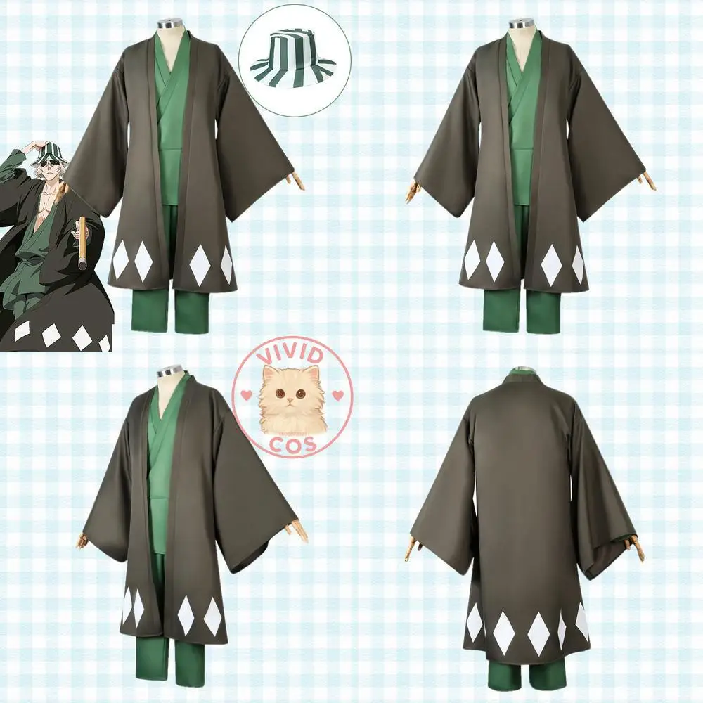 

Popular Anime Character Cosplay Costume Anime Kisuke Urahara Green Kimono Set Role Play Suit for Men Hat for Comic Con Halloween