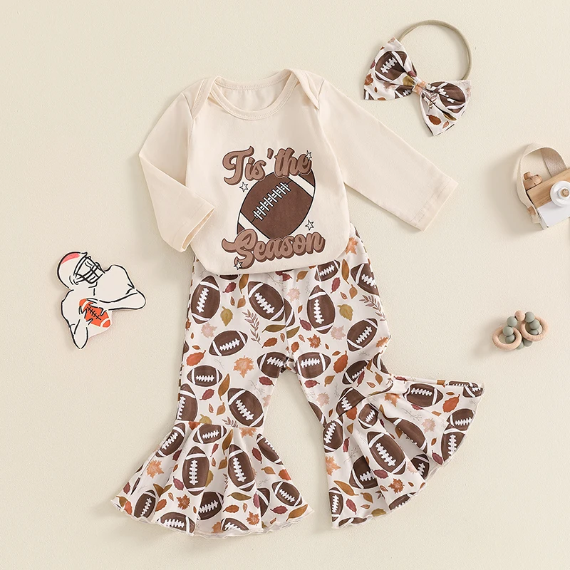 Baby Girls Fall Outfits Rugby Print Long Sleeves Romper and Elastic Flared Pants Headband Set 3 Piece Clothes