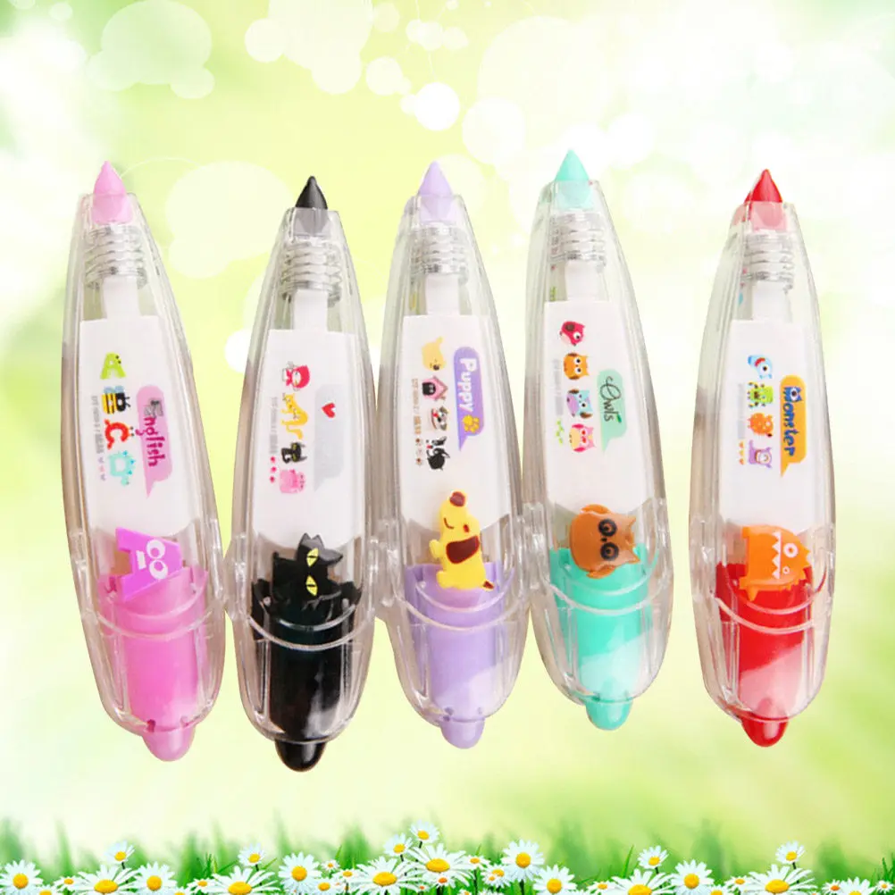 5個入りプレミアム装飾修正テープ、かわいい柄の詰め合わせ、黄色い犬、黒い猫、薄紫の文字、学生向け