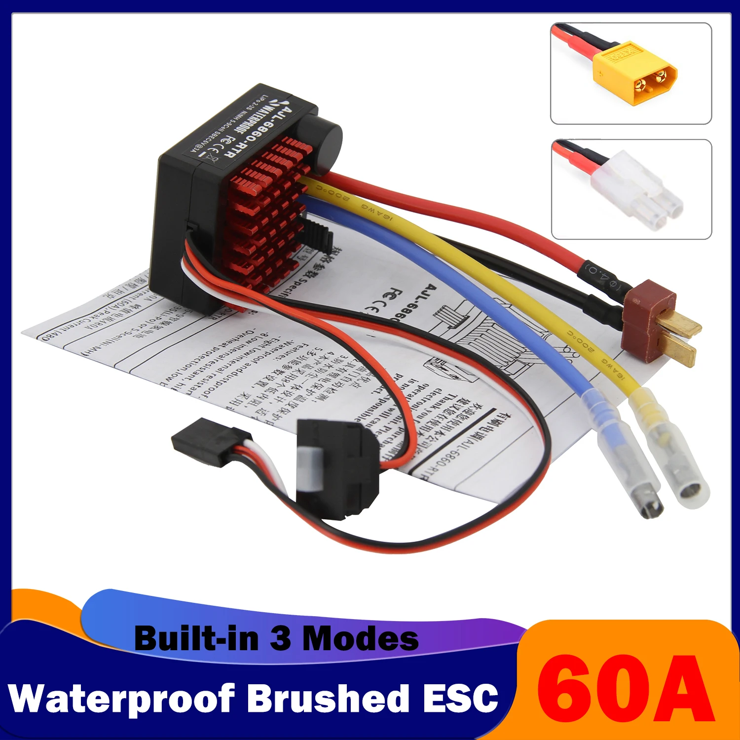 

60A Waterproof Brushed ESC 6V/3A BEC Built-in 3 Modes T/XT60/Tamiya 2-3S for RC Model Car Vehicles Boat Tanks 540/550/750 Motors