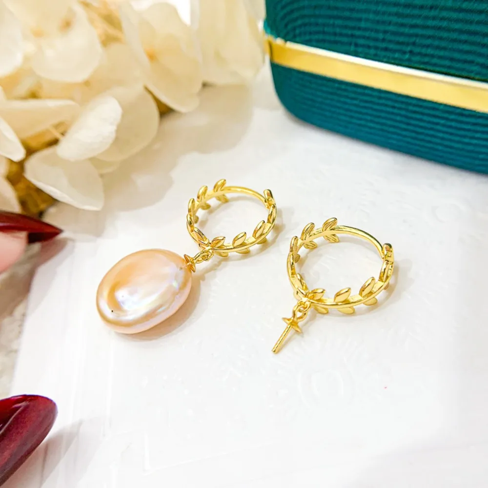 

4pcs DIY Pearl Accessories 925 Silver Stud Earrings Empty Holder, Leaf Ear Buckle Pearl Earring Holder, with 8-13mm Round Beads