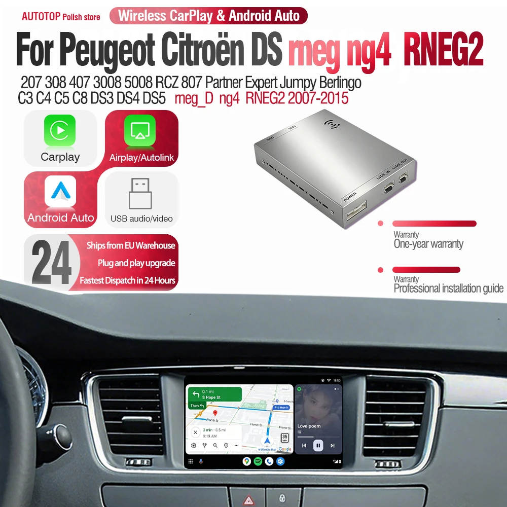 AUTOTOP Bezprzewodowy dekoder CarPlay Android Auto do Peugeot Citroen DS rneg ng4 RNEG2 207 308 407 3008 5008 RCZ 807 Partner Expert Jumpy Beringo C3 C4 C5 C8 DS3 DS4 DS5 meg-D ng4 RNEG2 2007-2015 — 2