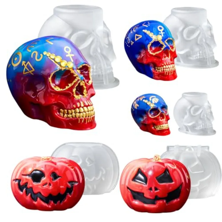 5 PCS Halloween Resin Molds, Silicone Skull Head Pumpkin Molds for Resin Set of Large + Medium + Small 3D Skull Resin Molds, 2