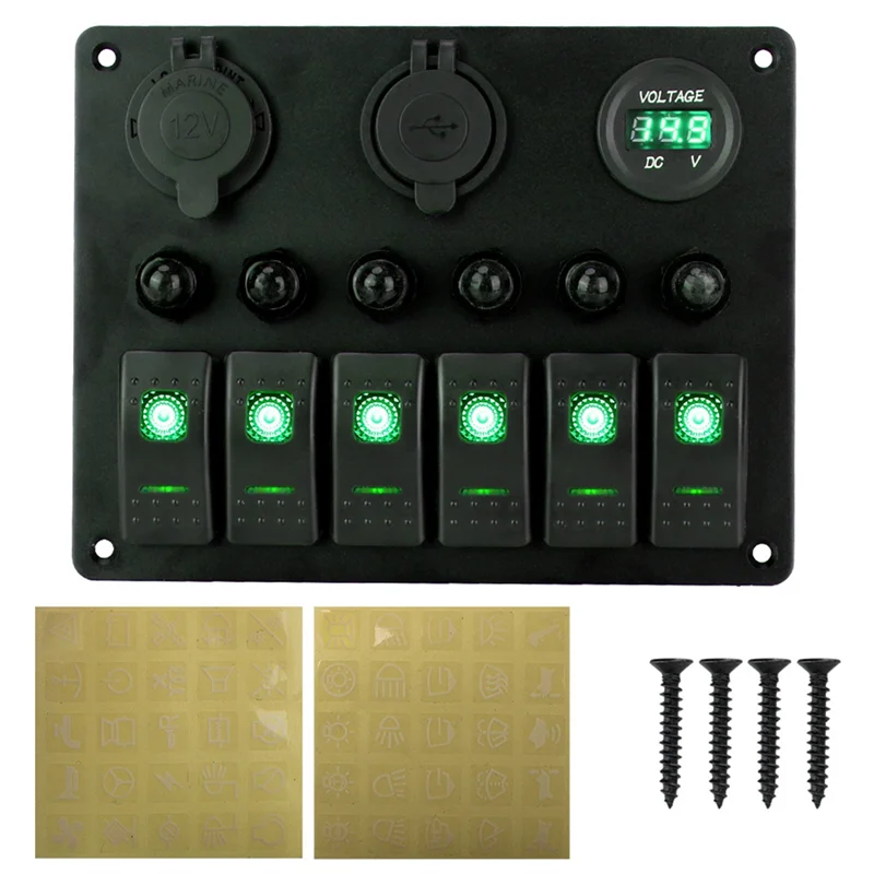 

AT92-Universal Car RV 6 Switch Panel 12/24V Rocker Panel Voltmeter USB Charger Circuit Breaker Tester Light Toggle
