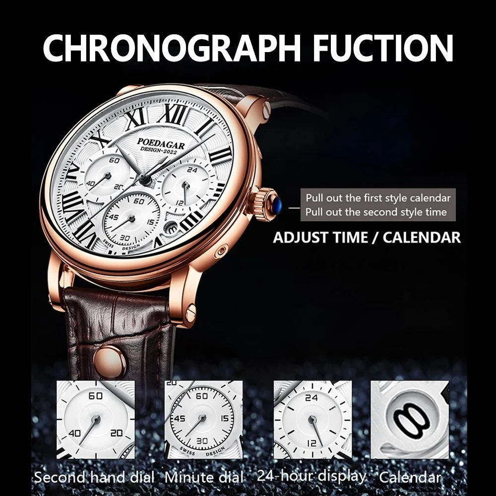 POEDAGAR-reloj analógico de cuero para hombre, accesorio de pulsera de cuarzo resistente al agua con cronógrafo, complemento deportivo clásico de marca de lujo con diseño militar