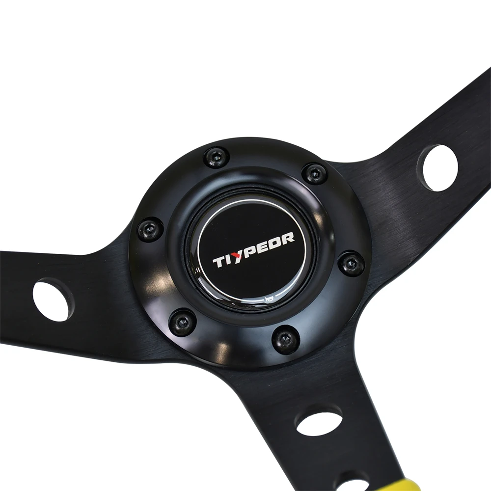 TIYPEOR 320 مللي متر عجلة توجيه سيارة من الجلد الأصفر عجلة توجيه عميقة مقعرة الانجراف سباق عجلة القيادة مع غرزة سوداء مطرزة #4